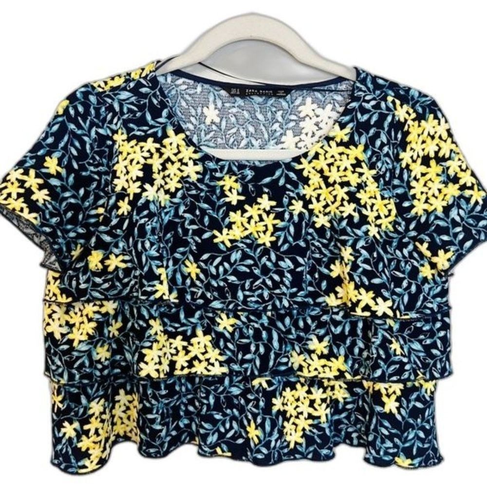 Zara Basic Floral Tiered Ruffle Crop Top Navy Blue Yellow Small Short Sleeve